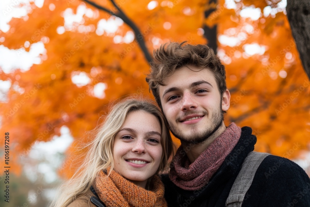 A smiling young couple stands in front of a breathtaking backdrop of bright, orange autumn leaves, capturing a moment of pure happiness and youthful joy. A smiling young couple stands in front of a breathtaking backdrop of bright, orange autumn leaves, capturing a moment of pure happiness and youthful joy.