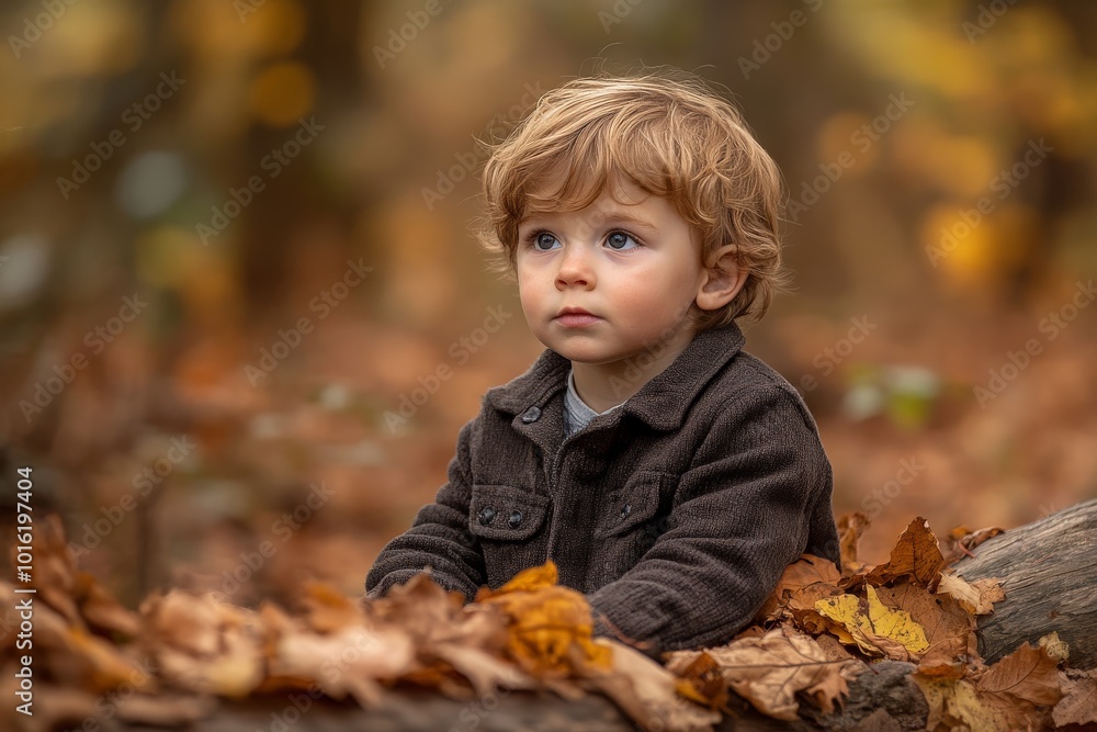 A young child dressed in a brown jacket sits among vibrant fallen leaves in an autumn woodland setting, portraying themes of innocence and nature's hues. A young child dressed in a brown jacket sits among vibrant fallen leaves in an autumn woodland setting, portraying themes of innocence and nature's hues.