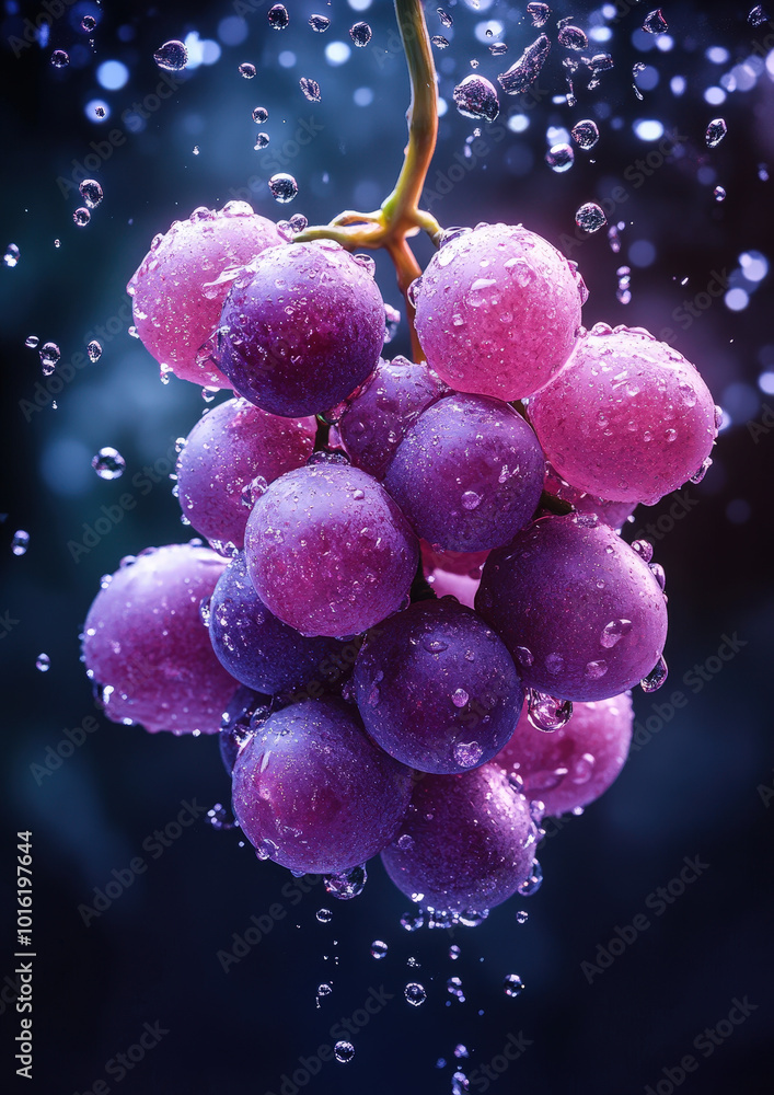 Grapes flying in clusters with droplets of water, dark background and dramatic lighting Grapes flying in clusters with droplets of water, dark background and dramatic lighting