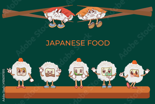 A set of vector icons of delicious colored sushi rolls in the style of kawaii. A collection of different flavors and varieties