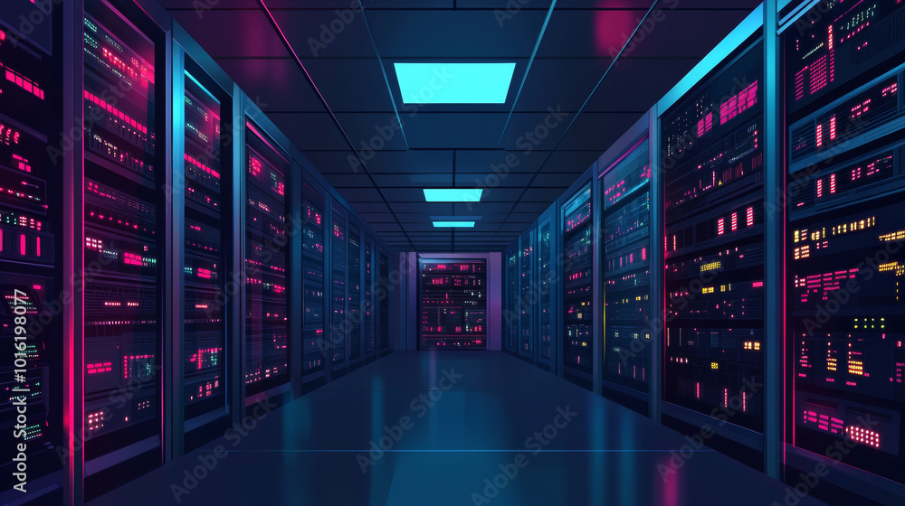 Create an isometric vector illustration of a futuristic energy station, featuring a sophisticated server room rack and a data center. Create an isometric vector illustration of a futuristic energy station, featuring a sophisticated server room rack and a data center.