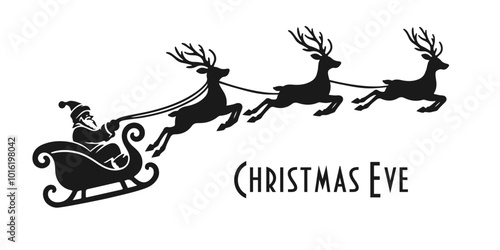 Christmas silhouette of Santa Claus in a sleigh pulled by deer. Template for laser cutting, New Year banners, posters, flyers.