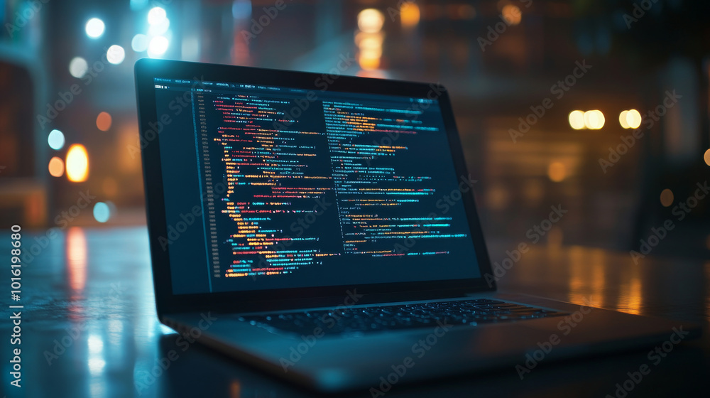 This illustration showcases a laptop computer with lines of code displayed on the screen, representing the software development process. This illustration showcases a laptop computer with lines of code displayed on the screen, representing the software development process.