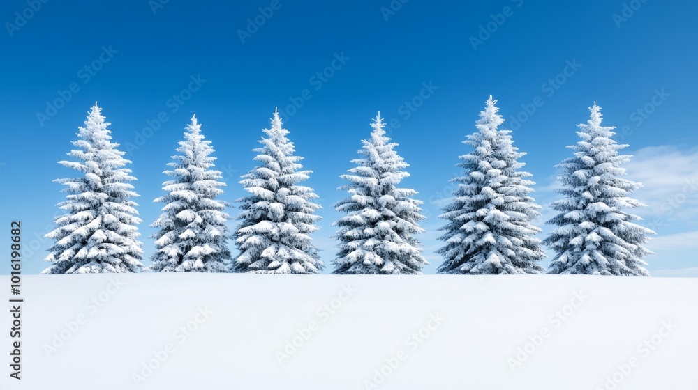 Frosty evergreen trees covered in thick snow under a bright blue sky, creating a serene winter forest scene Frosty evergreen trees covered in thick snow under a bright blue sky, creating a serene winter forest scene
