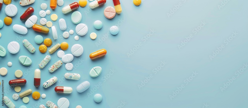 Assorted Pills on Light Blue Surface for Creative Composition Assorted Pills on Light Blue Surface for Creative Composition