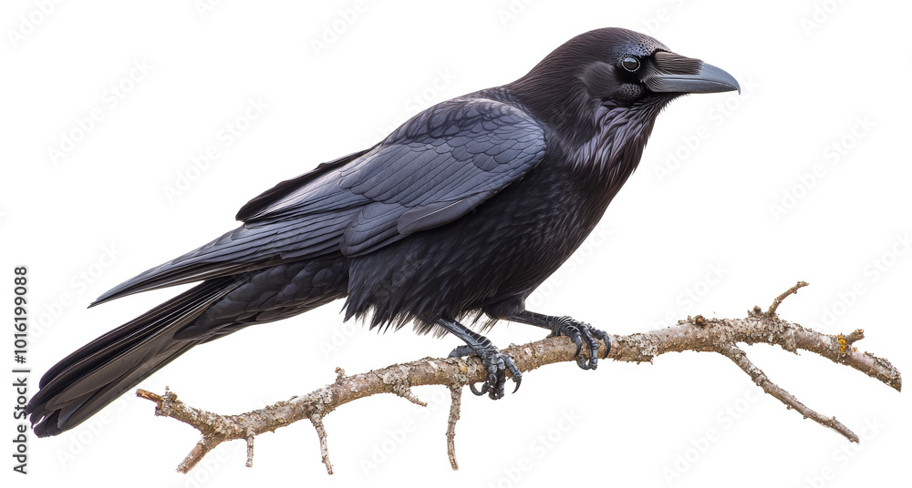 Obraz premium Raven Perched on Branch Isolated White Background