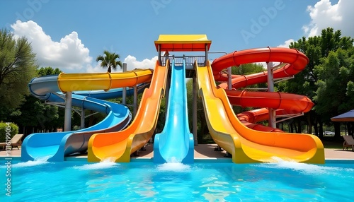 outdoor aquapark with a series of vibrant water slides