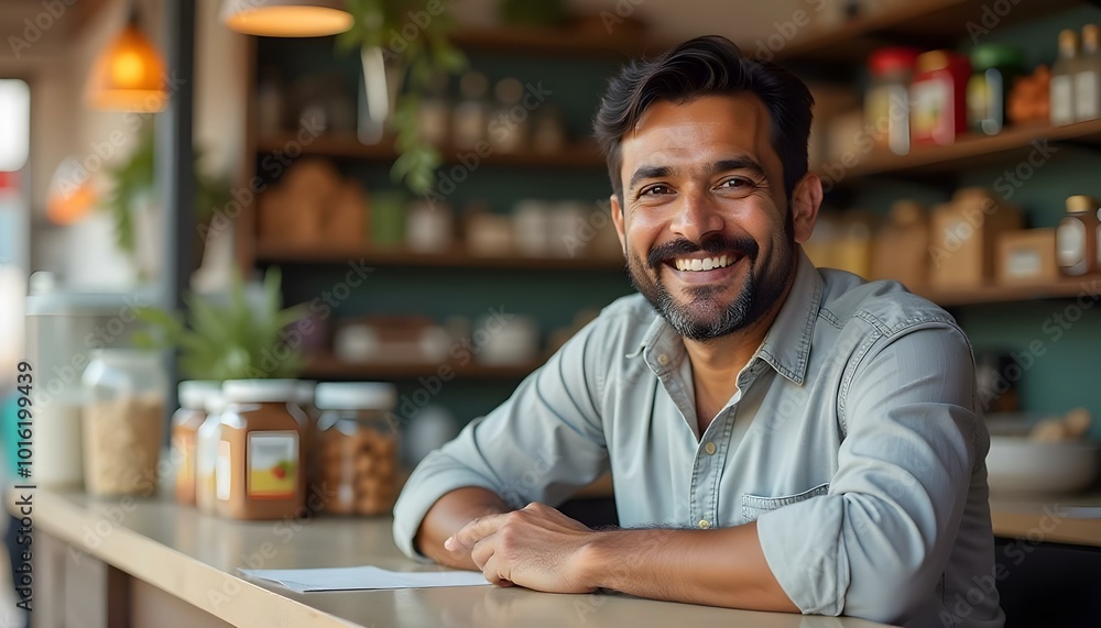 portrait of happy Indian small grocery store owner sitting at the cash counter portrait of happy Indian small grocery store owner sitting at the cash counter