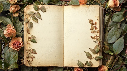 Vintage open book surrounded by roses and leaves