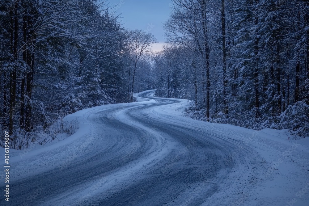 Serene Snowy Highway Adventure Concept. Winding road through a snow-covered forest at dusk, creating a serene and tranquil winter highway landscape Serene Snowy Highway Adventure Concept. Winding road through a snow-covered forest at dusk, creating a serene and tranquil winter highway landscape