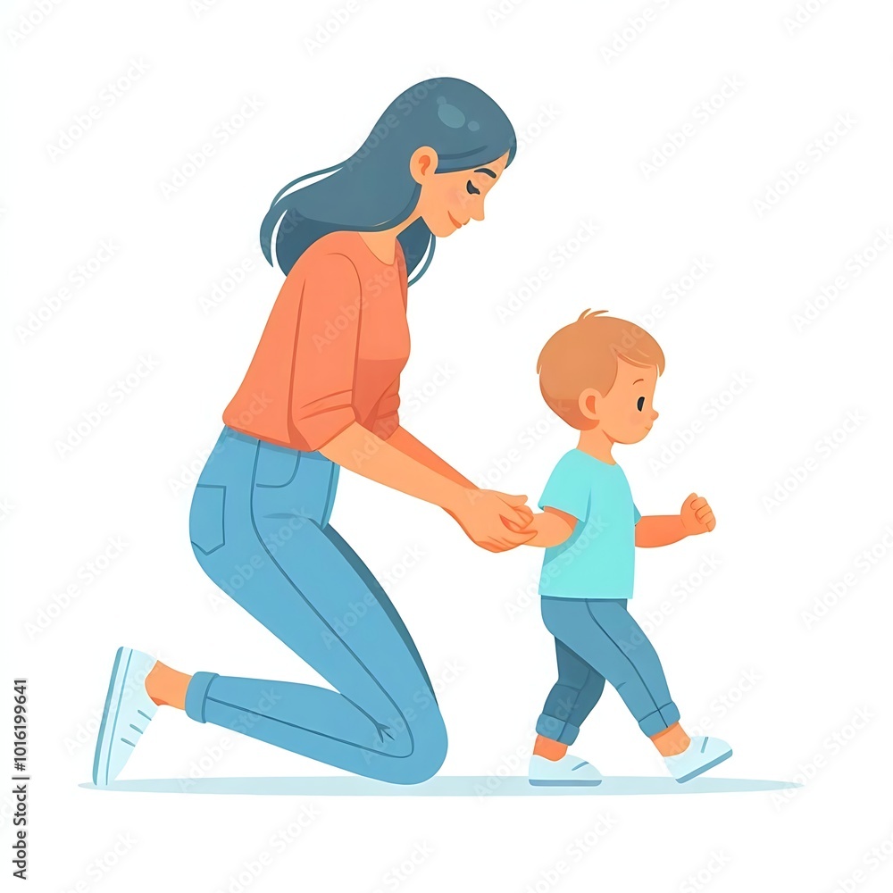 Fototapeta premium Flat-style illustration of a mom gently helping her toddler take their first steps. Ideal for family, parenting, and early childhood-themed designs. Simple, heartwarming composition on a white