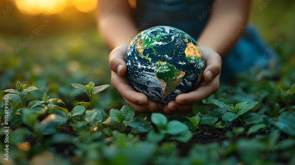 Two hands gently cradle a vibrant green Earth against a soft, blurred green bokeh background, symbolizing environmental care, global unity, and sustainability Two hands gently cradle a vibrant green Earth against a soft, blurred green bokeh background, symbolizing environmental care, global unity, and sustainability