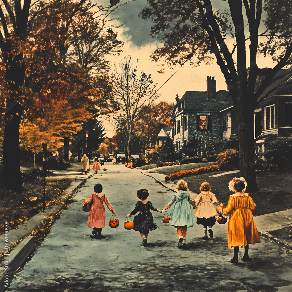 Obraz premium A group of children in various Halloween costumes trick-or-treating on a spooky street.
