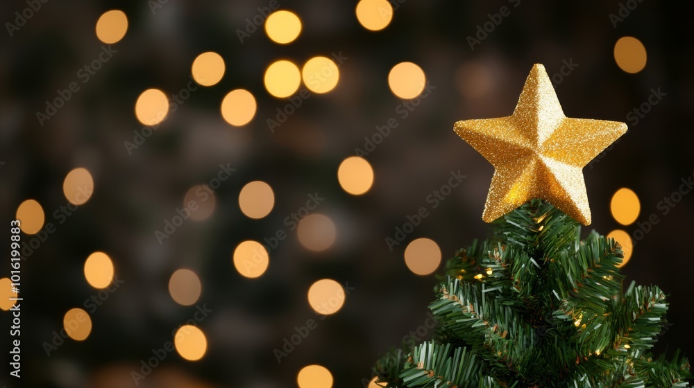 Glowing Christmas tree with golden lights and a star topper, blurred warm background for a festive holiday mood Glowing Christmas tree with golden lights and a star topper, blurred warm background for a festive holiday mood