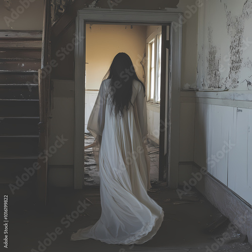 A ghostly figure in a long, flowing dress walking through an abandoned house. photo