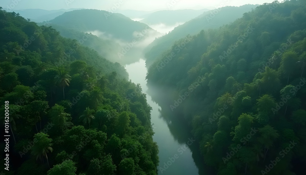 panoramic view of the magnificent Amazon jungle with flowing rivers and vivid greens panoramic view of the magnificent Amazon jungle with flowing rivers and vivid greens