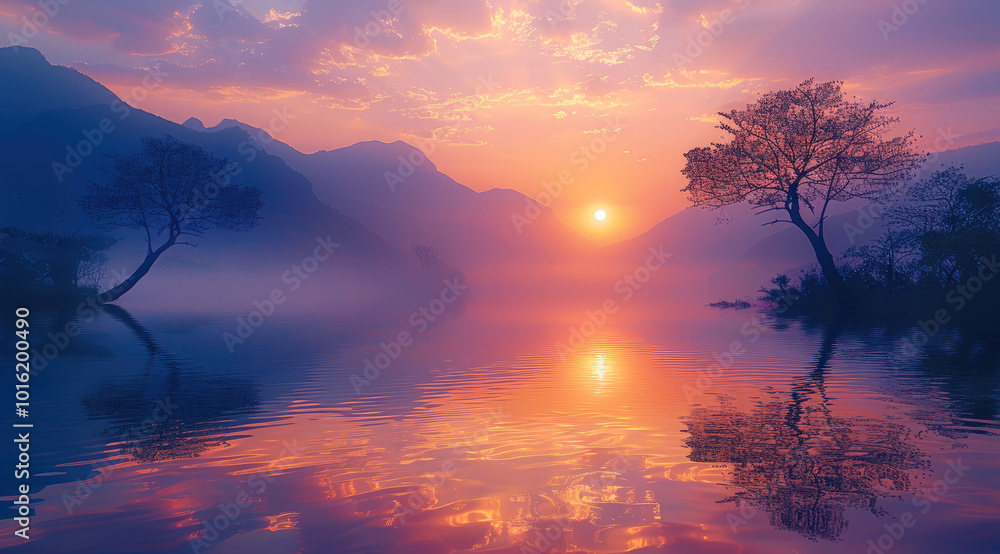 Obraz premium Background of distant mountains and a tranquil lake, the setting sun casting soft orange and purple hues across the sky, silhouettes of trees reflecting in the water.