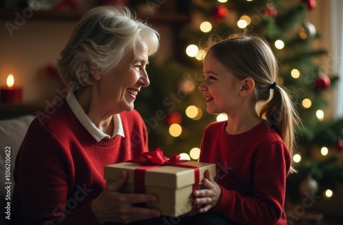Christmas card giving a gift, cute grandmother gives a gift to her granddaughter for the New Year in a festive atmosphere, discounts and sales of gifts at Christmas