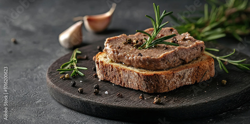 Savory pâté is spread thickly on a slice of rustic bread, garnished with fresh rosemary and cracked pepper, accompanied by garlic cloves, creating a gourmet treat. photo