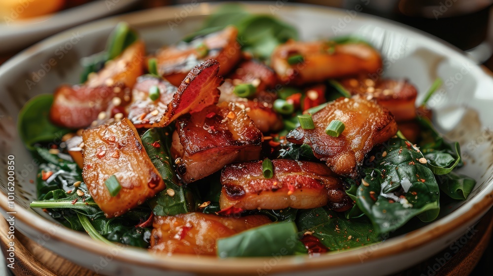 Bacon and spinach stir-fry on plate in cozy restaurant. Bacon and spinach stir-fry on plate in cozy restaurant.