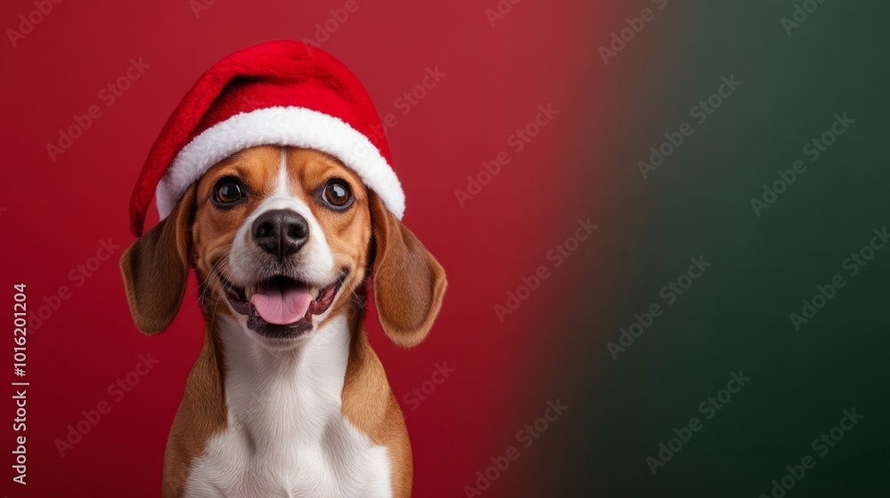 Happy beagle wearing a Christmas hat sitting beside a wreath on a forest green-to-red gradient background Happy beagle wearing a Christmas hat sitting beside a wreath on a forest green-to-red gradient background