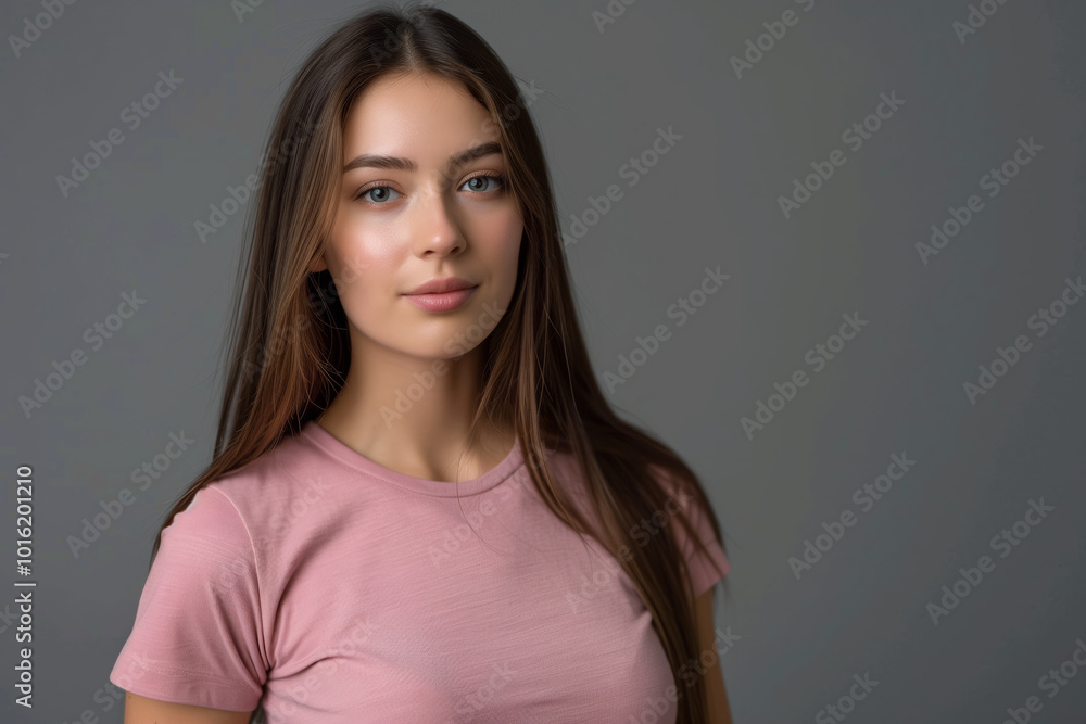Woman with long brown hair and a pink shirt is smiling for the camera Woman with long brown hair and a pink shirt is smiling for the camera