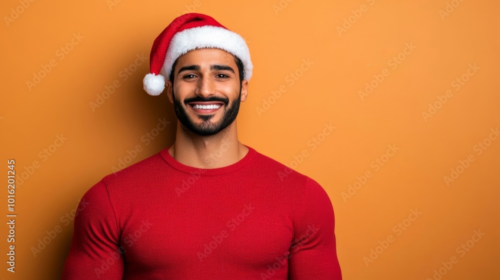 Fototapeta premium Happy Middle Eastern man in a Santa hat with snowflakes falling on a warm golden-to-red gradient background 