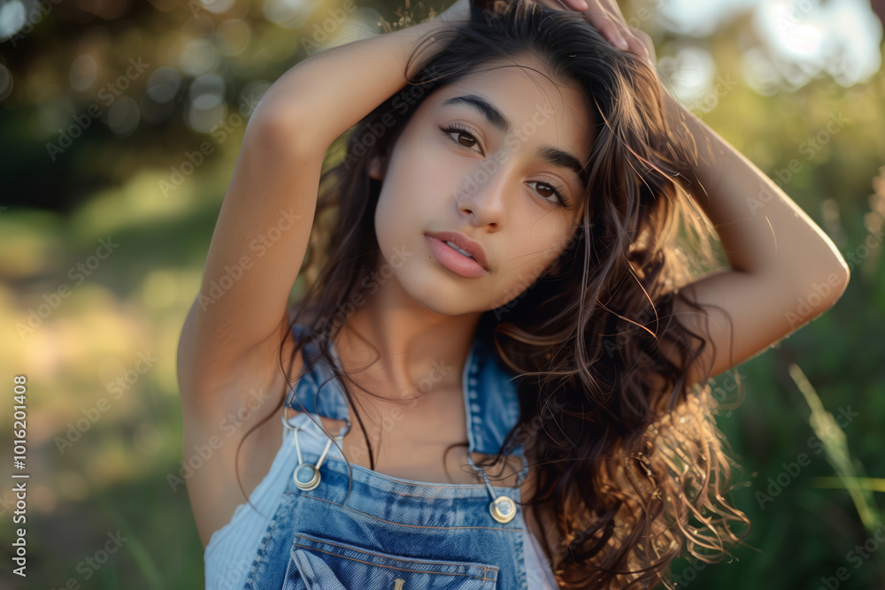 A woman with long brown hair is wearing a denim overalls A woman with long brown hair is wearing a denim overalls