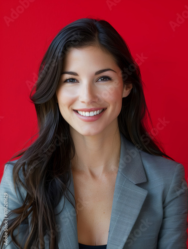 Portrait of a businesswoman with long brown hair is smiling and wearing a gray jacket posing in front of a red background