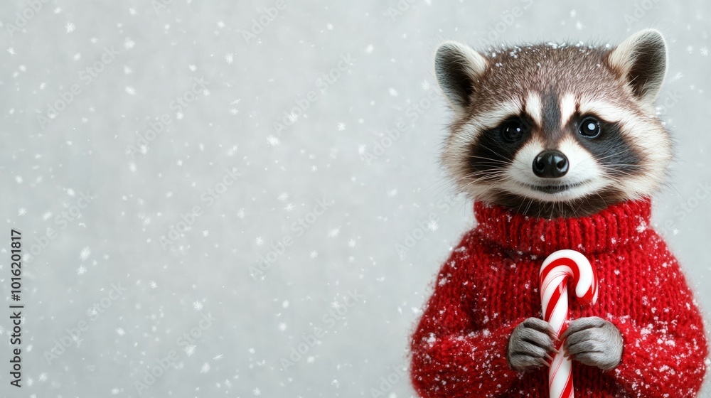 Joyful raccoon holding a candy cane with twinkling stars on a snowy white-to-gray gradient background Joyful raccoon holding a candy cane with twinkling stars on a snowy white-to-gray gradient background