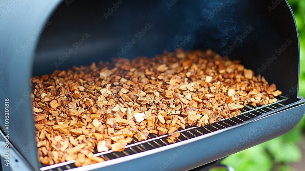 close-up of wood chips in a smoker generating fragrant smoke. Symbolizing tradition, craftsmanship, and the transformation of raw materials into rich flavors, evoking warmth and culinary artistry close-up of wood chips in a smoker generating fragrant smoke. Symbolizing tradition, craftsmanship, and the transformation of raw materials into rich flavors, evoking warmth and culinary artistry