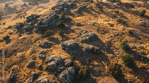 Aerial View of a Rocky Hillside with Sparse Vegetation