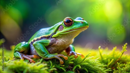 A Vibrant Green Frog Perched Among Lush Greenery, Its Large, Mesmerizing Eyes Gazing Intently into the Distance