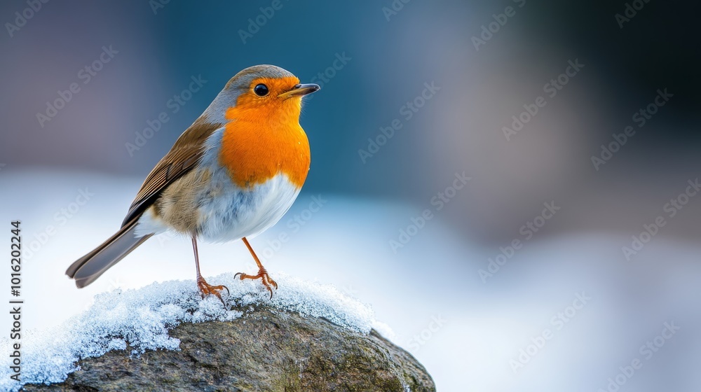Lone robin perched on a snow-capped rock by a frozen stream, bright orange chest standing out against the wintry blues and whites Lone robin perched on a snow-capped rock by a frozen stream, bright orange chest standing out against the wintry blues and whites