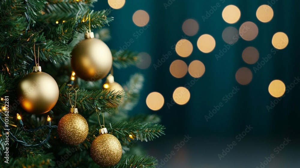 Lush Christmas tree with golden decorations and twinkling lights, softly blurred background evoking holiday magic Lush Christmas tree with golden decorations and twinkling lights, softly blurred background evoking holiday magic