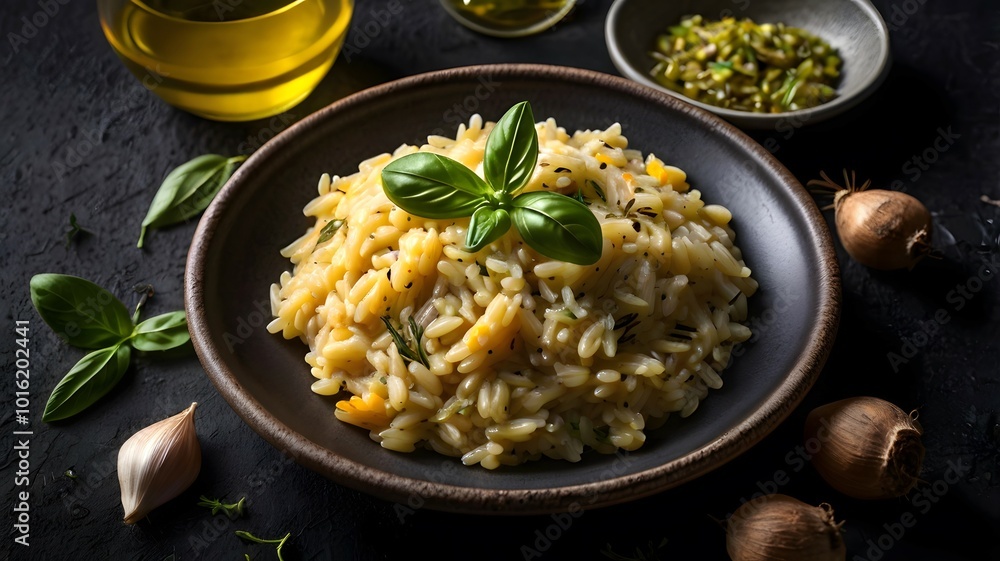 Italian rice dish Risotto cooked with broth vegetables & herbs. delicious healthy food meal, creamy texture Italian rice dish Risotto cooked with broth vegetables & herbs. delicious healthy food meal, creamy texture