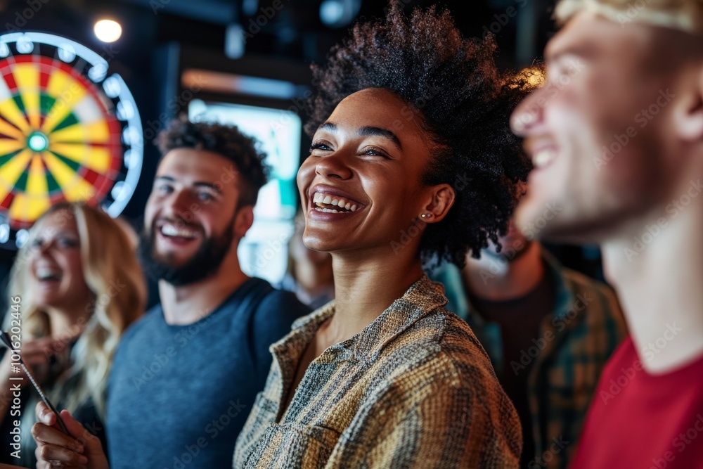 A group of cheerful friends having a fun night out, enjoying laughter and camaraderie while playing a game of darts at an entertainment venue. A group of cheerful friends having a fun night out, enjoying laughter and camaraderie while playing a game of darts at an entertainment venue.