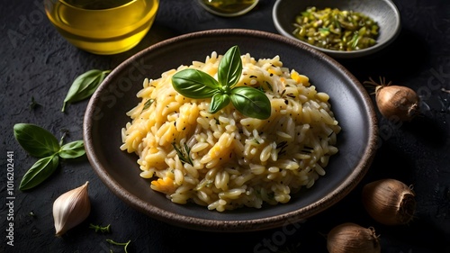 Italian rice dish Risotto cooked with broth vegetables & herbs. delicious healthy food meal, creamy texture