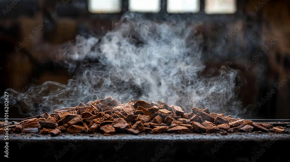 close-up of wood chips in a smoker generating fragrant smoke. Symbolizing tradition, craftsmanship, and the transformation of raw materials into rich flavors, evoking warmth and culinary artistry close-up of wood chips in a smoker generating fragrant smoke. Symbolizing tradition, craftsmanship, and the transformation of raw materials into rich flavors, evoking warmth and culinary artistry