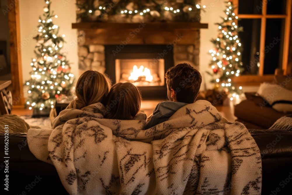 A family is warmly wrapped in blankets, sitting by a beautifully decorated fireplace in a cozy living room during the festive season, conveying joy and comfort. A family is warmly wrapped in blankets, sitting by a beautifully decorated fireplace in a cozy living room during the festive season, conveying joy and comfort.