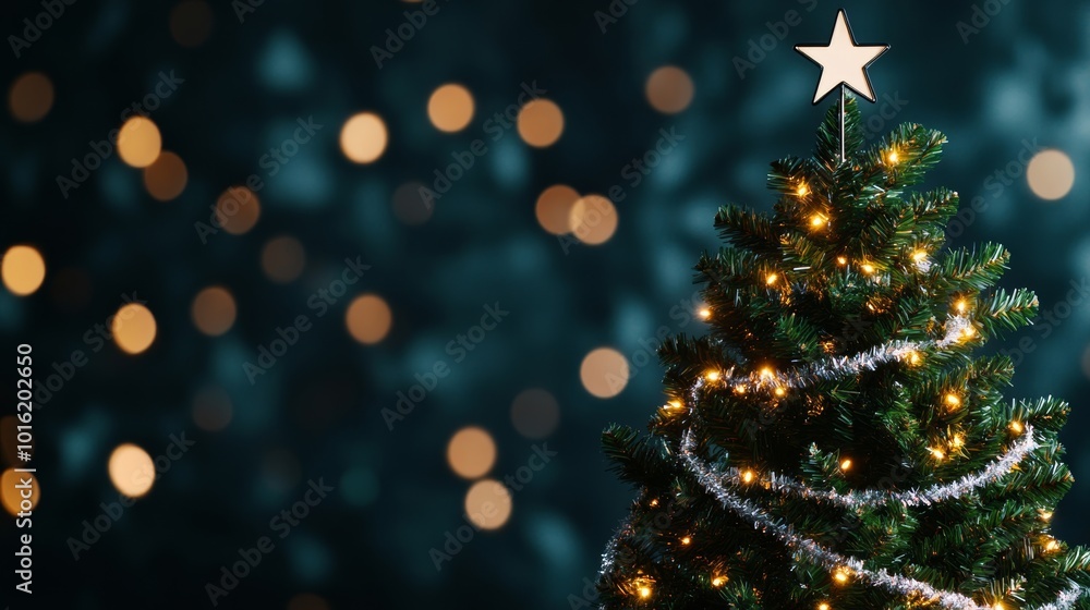 Majestic Christmas tree with silver garlands and star-shaped lights, blurred glowing background adding festive charm Majestic Christmas tree with silver garlands and star-shaped lights, blurred glowing background adding festive charm