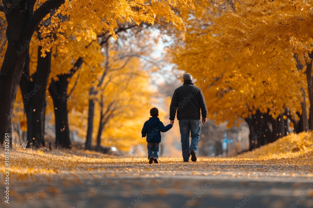 A scenic view of a father and son walking hand-in-hand through a park lined with vibrant golden autumn leaves, symbolizing connection and family bonding. A scenic view of a father and son walking hand-in-hand through a park lined with vibrant golden autumn leaves, symbolizing connection and family bonding.