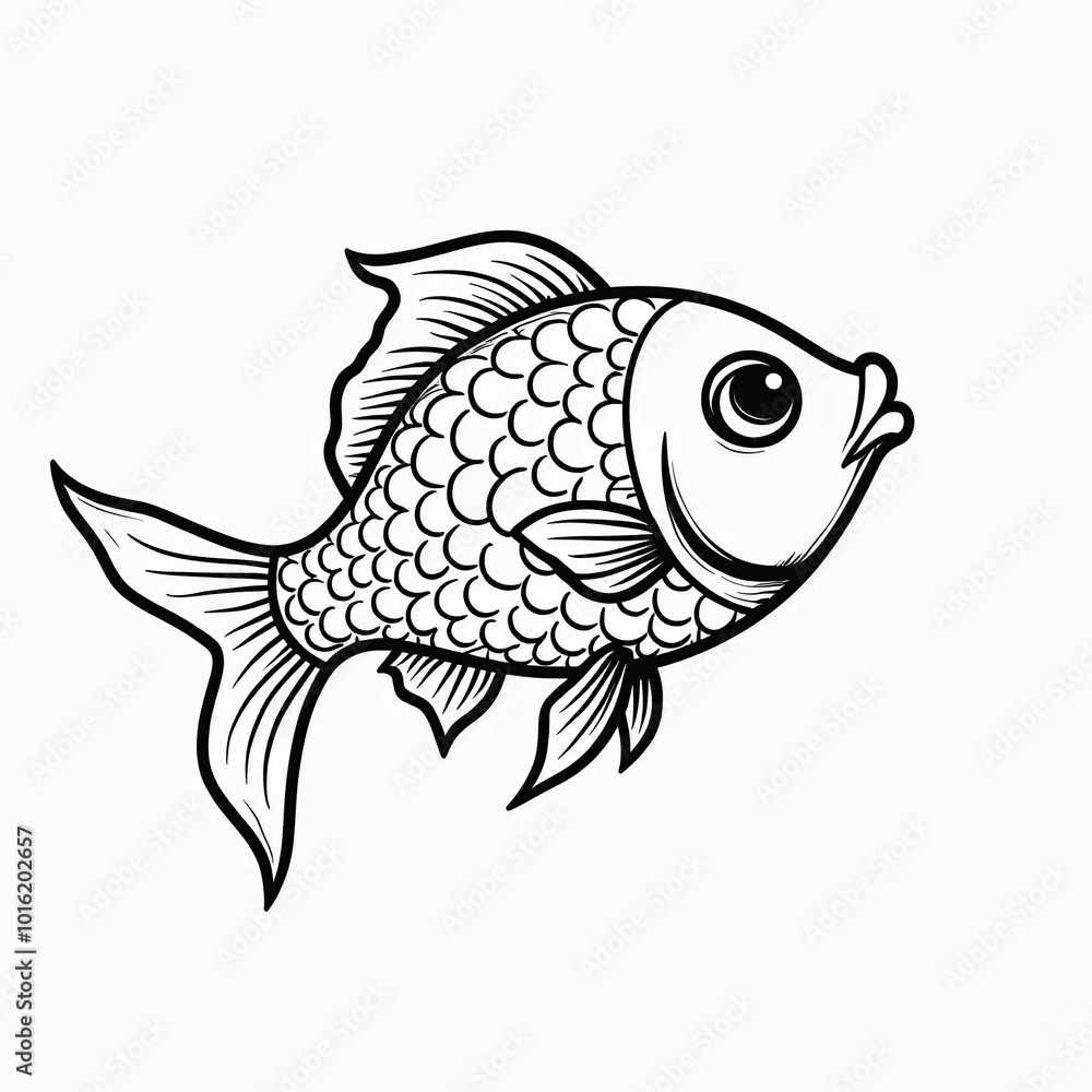 Black and white line drawing of a fish with large scales and flowing fins. Black and white line drawing of a fish with large scales and flowing fins.