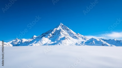 Majestic snow-capped mountain ridge under a deep blue sky with vast untouched snowfields in the foreground 