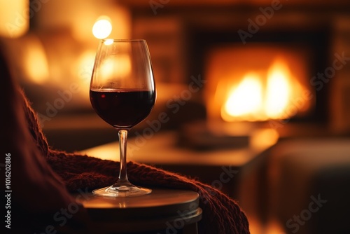 A glass of red wine on a table with a cozy setting with a warm fireplace, inviting relaxation and comfort during a serene, homely evening. photo