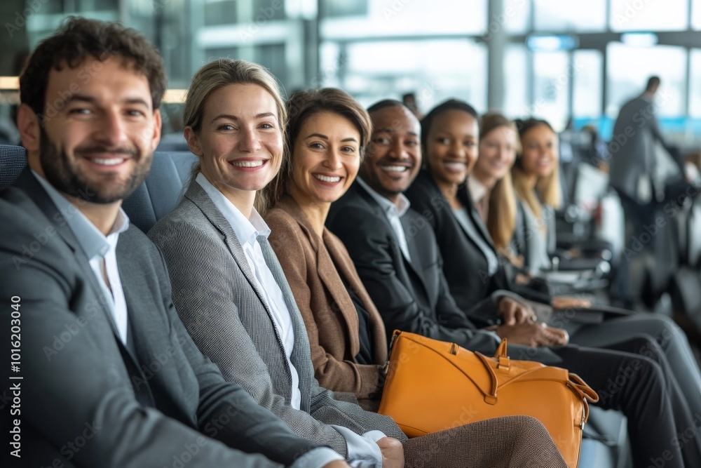 A group of well-dressed professionals sit in a row at an airport terminal, exuding confidence and diversity, a scene of global business connectivity and cooperation. A group of well-dressed professionals sit in a row at an airport terminal, exuding confidence and diversity, a scene of global business connectivity and cooperation.