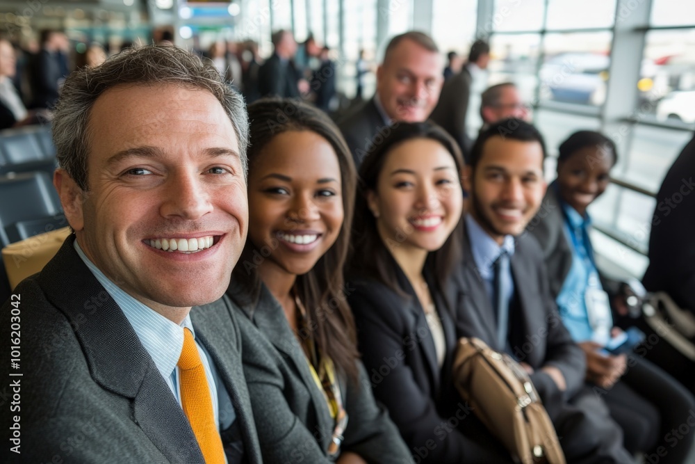 A team of cheerful professionals, men and women of diverse backgrounds, sit together at an airport departure area, poised for their upcoming journey and opportunities. A team of cheerful professionals, men and women of diverse backgrounds, sit together at an airport departure area, poised for their upcoming journey and opportunities.