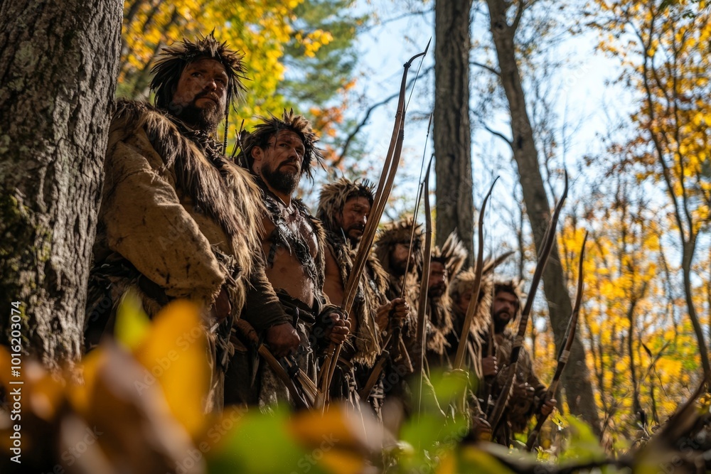 A line of men in primitive fur clothing holding bows and arrows, standing alert in a forest, depicting ancient hunting practices and survival skills. A line of men in primitive fur clothing holding bows and arrows, standing alert in a forest, depicting ancient hunting practices and survival skills.