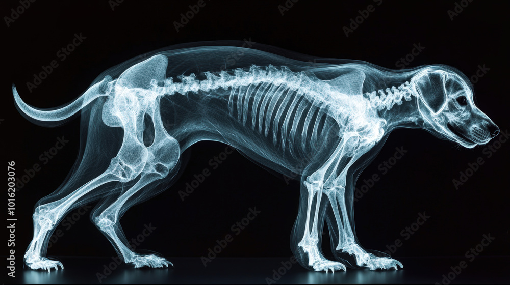 X-ray image of a dog’s skeleton with detailed anatomy X-ray image of a dog’s skeleton with detailed anatomy