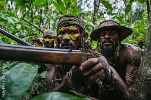 A group of men with vivid face paint and traditional attire holding rifles in a dense forest environment, displaying a sense of alertness and readiness. photo